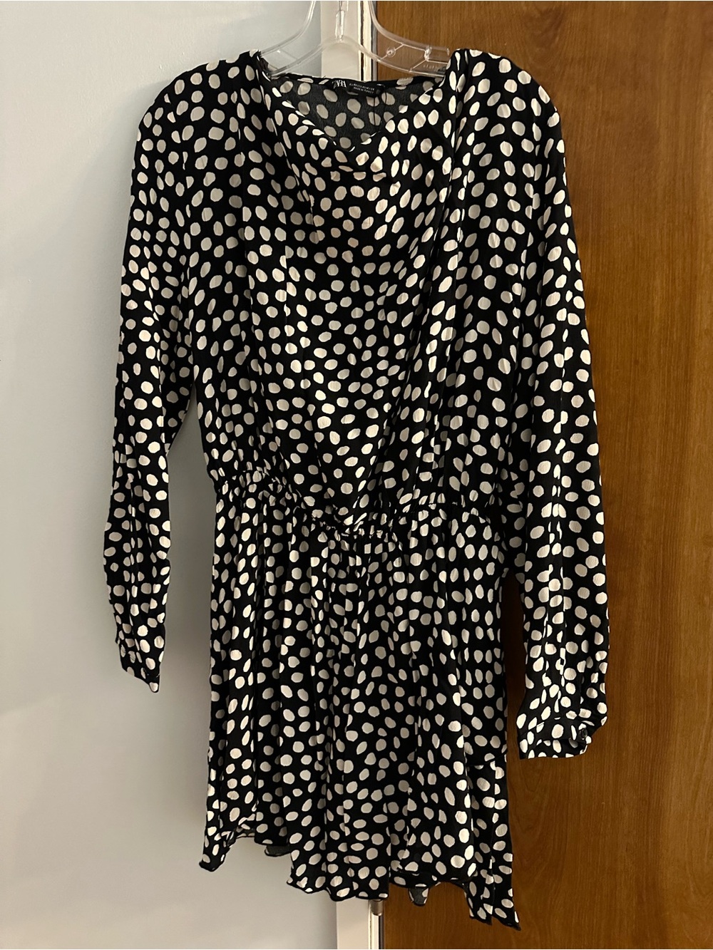 Zara Black and White Polka Dot Long-Sleeve Dress